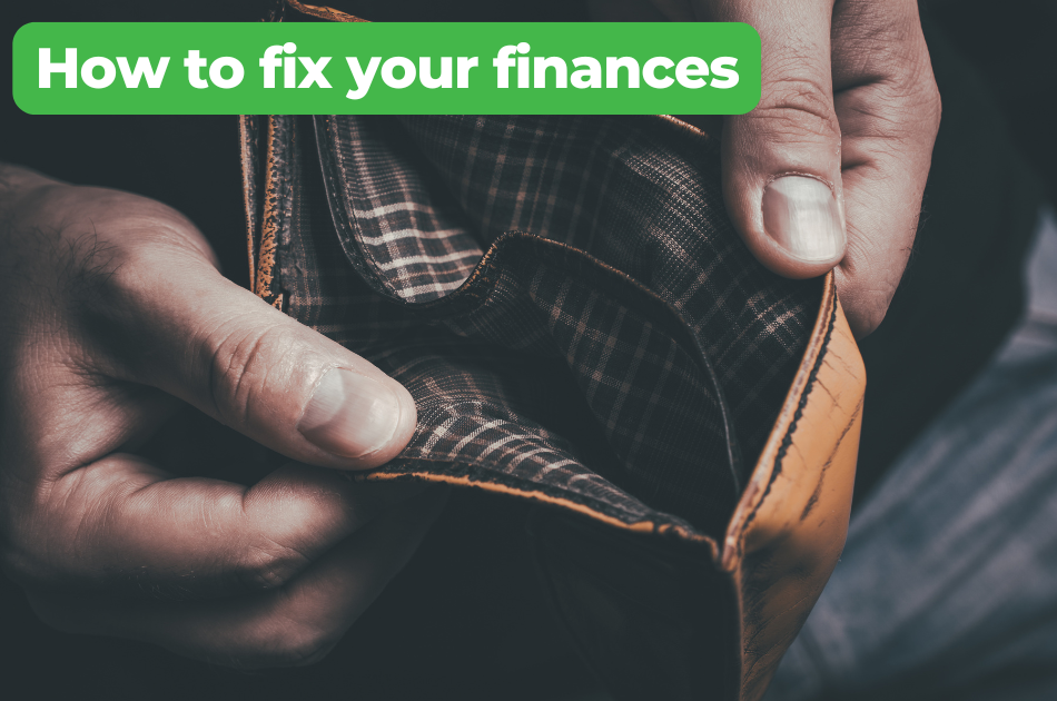 A man's hands holding open an empty brown leather wallet with a plaid lining, with the text, "How to Fix Your Finances"