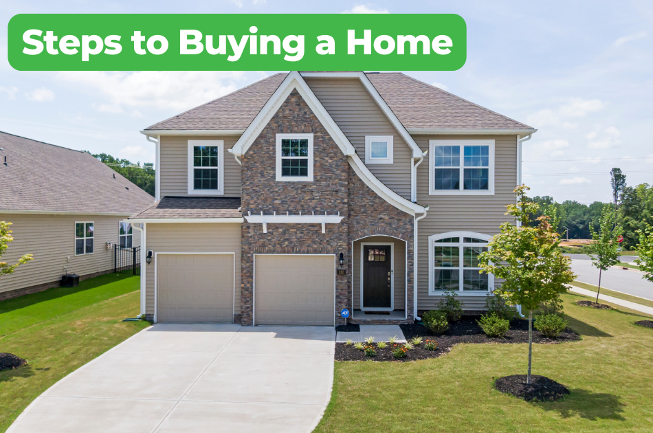 A photo of a house in the suburbs with the text, Financial Steps for Buying a Home