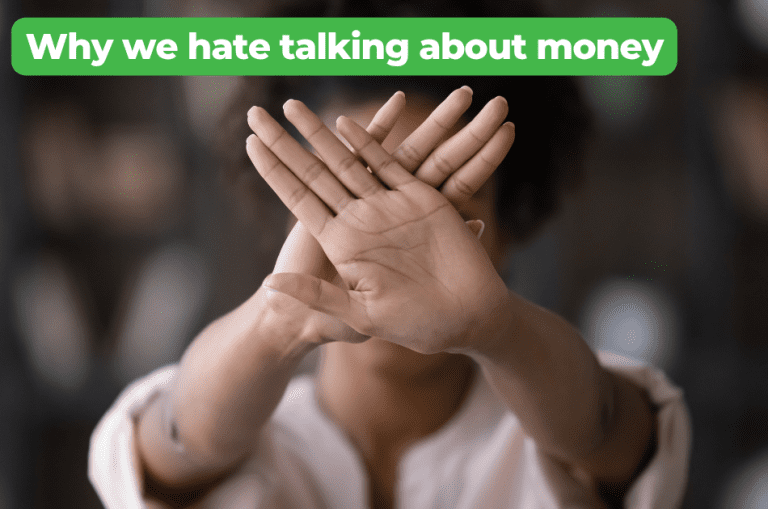 A woman holds her hands up in a "no" gesture, to illustrate the headline "why we hate talking about money"